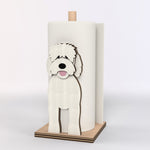 Goldendoodle Wooden Dog Paper Towel Holder displayed on a kitchen countertop with a freestanding paper towel roll