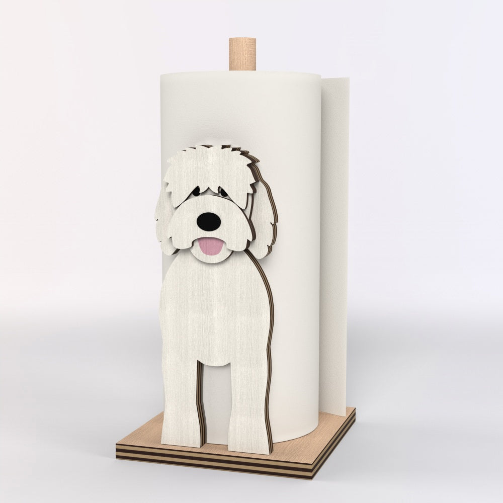 Goldendoodle Wooden Dog Paper Towel Holder displayed on a kitchen countertop with a freestanding paper towel roll