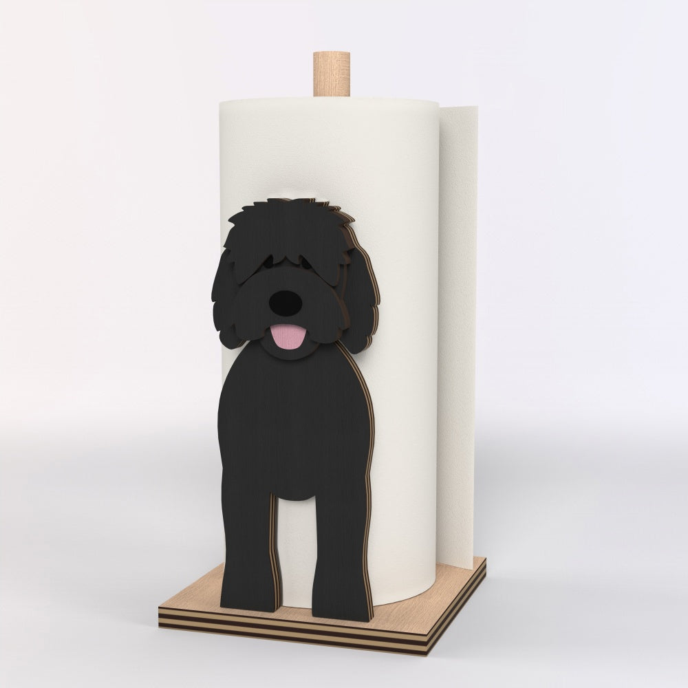 Goldendoodle Wooden Dog Paper Towel Holder displayed on a kitchen countertop with a freestanding paper towel roll