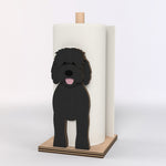 Goldendoodle Wooden Dog Paper Towel Holder displayed on a kitchen countertop with a freestanding paper towel roll