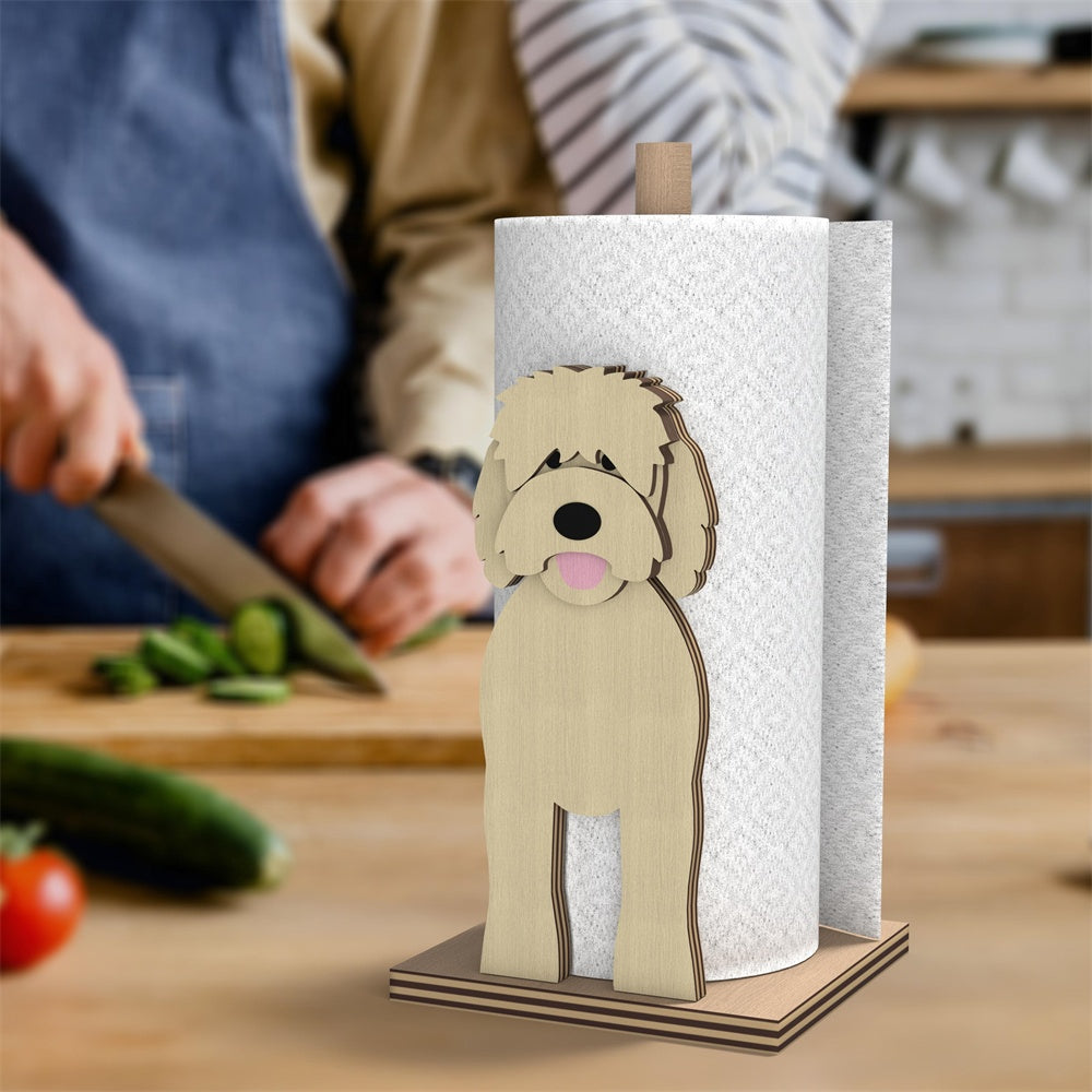 Goldendoodle Wooden Dog Paper Towel Holder displayed on a kitchen countertop with a freestanding paper towel roll