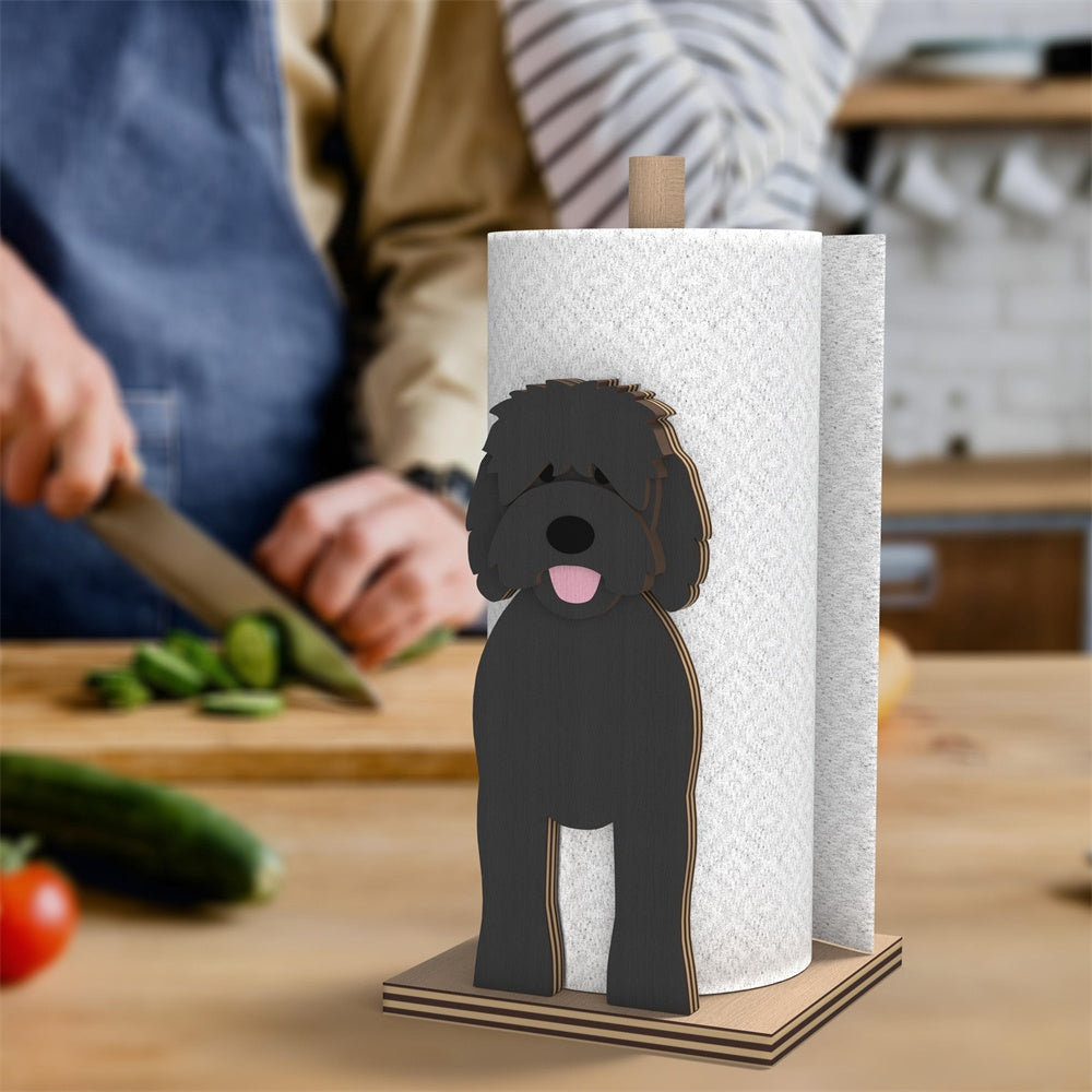 Goldendoodle Wooden Dog Paper Towel Holder displayed on a kitchen countertop with a freestanding paper towel roll