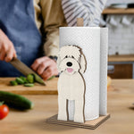 Goldendoodle Wooden Dog Paper Towel Holder displayed on a kitchen countertop with a freestanding paper towel roll