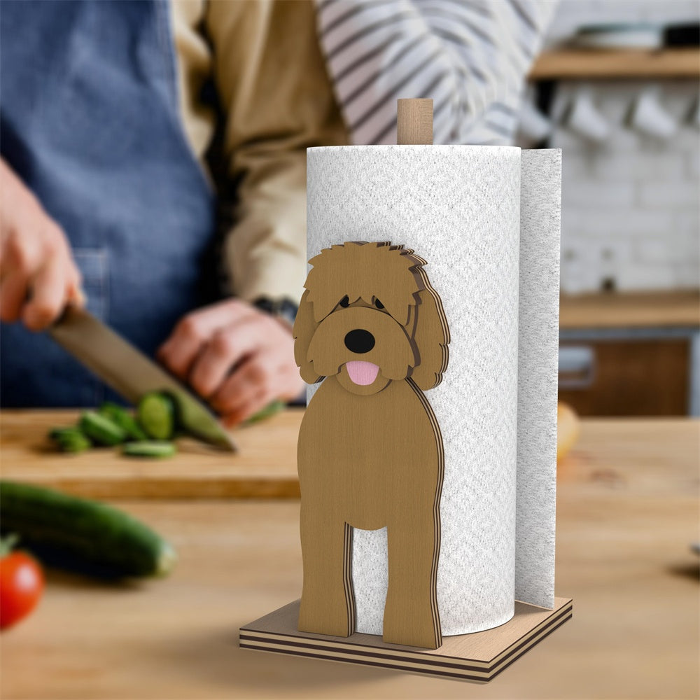 Goldendoodle Wooden Dog Paper Towel Holder displayed on a kitchen countertop with a freestanding paper towel roll