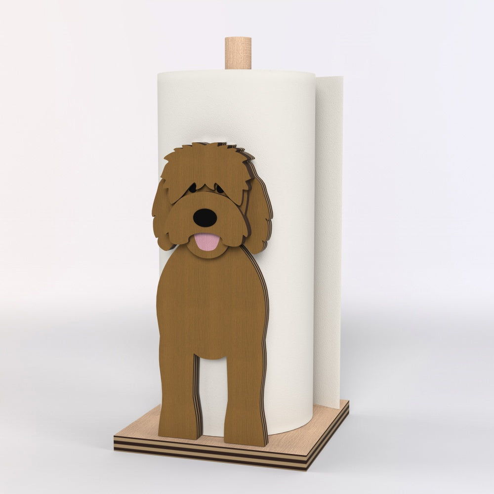 Goldendoodle Wooden Dog Paper Towel Holder displayed on a kitchen countertop with a freestanding paper towel roll
