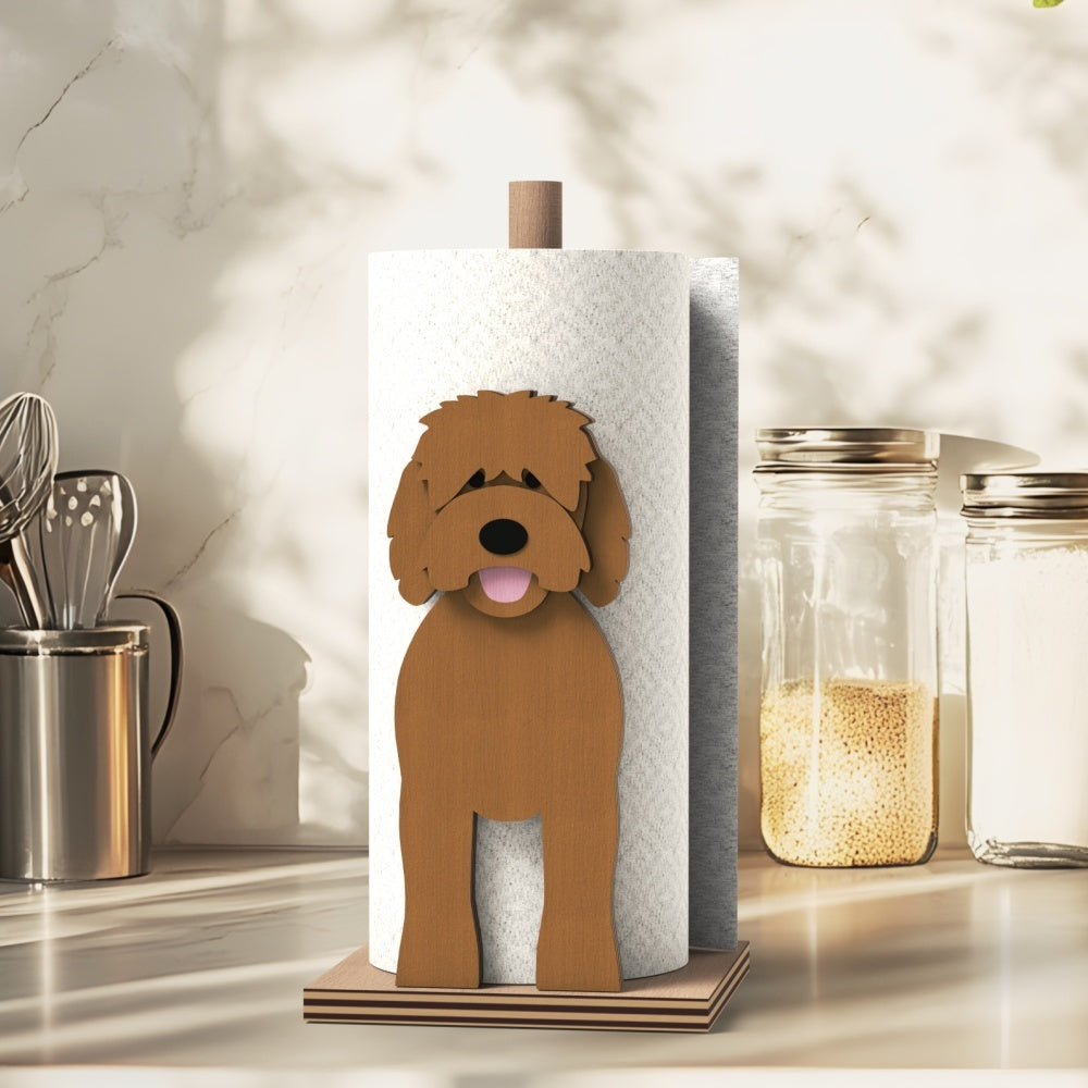 Goldendoodle Wooden Dog Paper Towel Holder displayed on a kitchen countertop with a freestanding paper towel roll