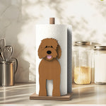 Goldendoodle Wooden Dog Paper Towel Holder displayed on a kitchen countertop with a freestanding paper towel roll