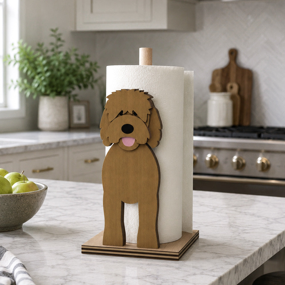 Goldendoodle Wooden Dog Paper Towel Holder displayed on a kitchen countertop with a freestanding paper towel roll