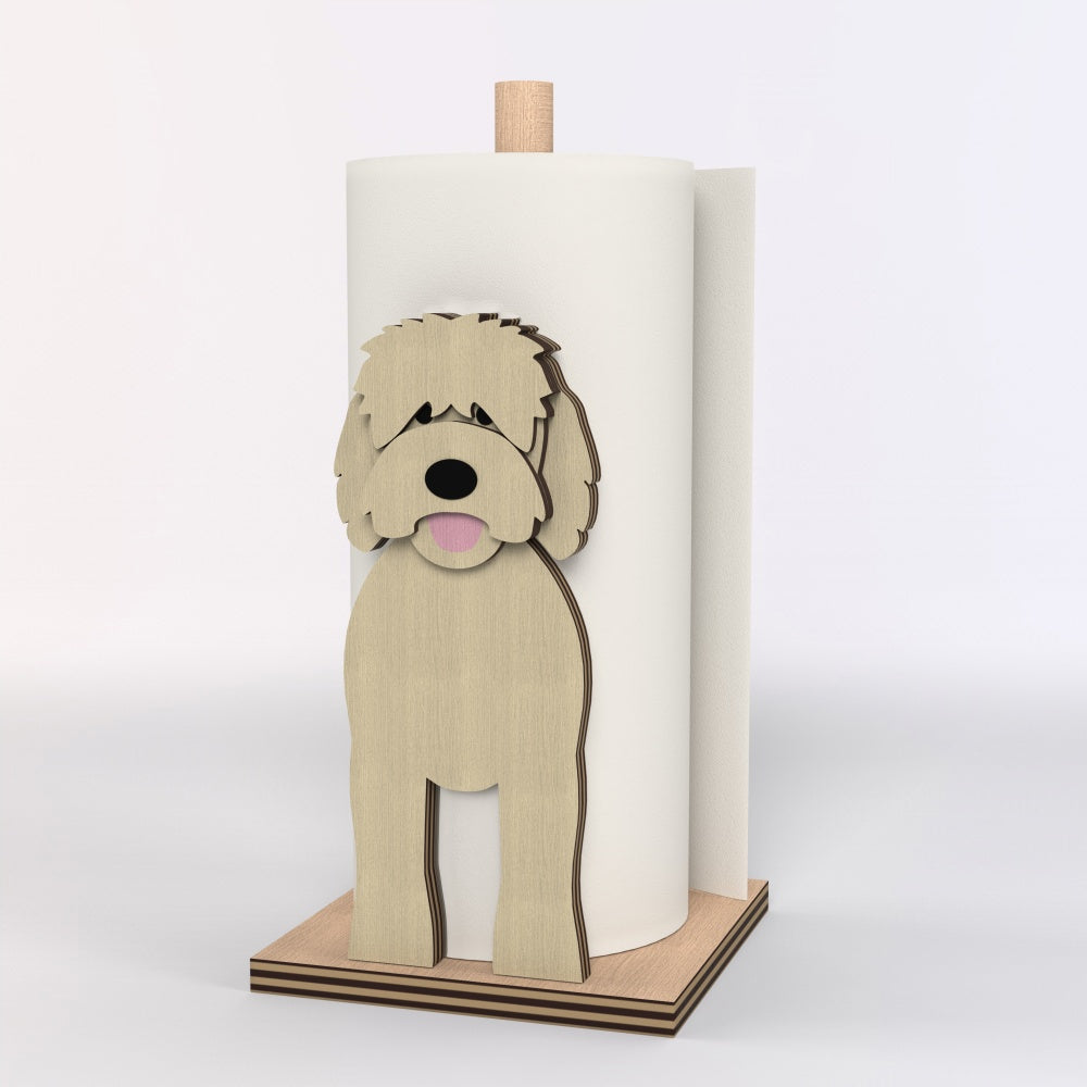 Goldendoodle Wooden Dog Paper Towel Holder displayed on a kitchen countertop with a freestanding paper towel roll