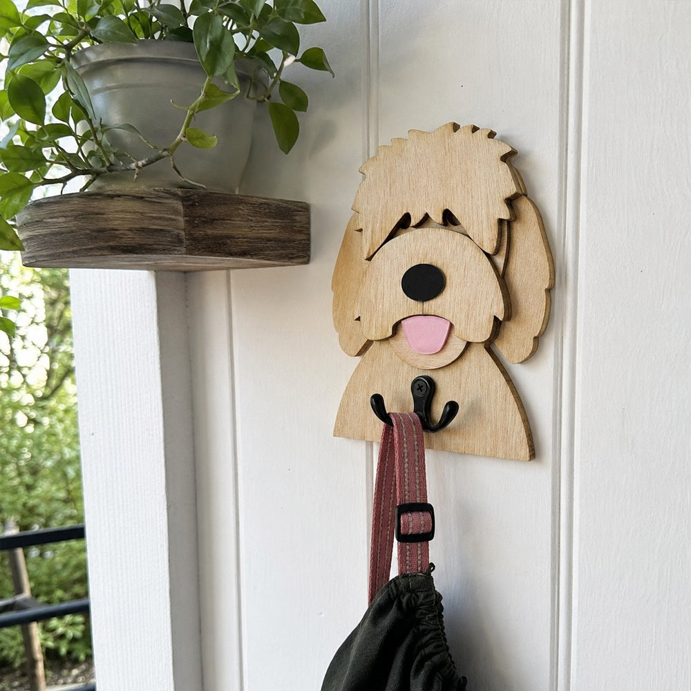 Wooden goldendoodle dog wall hook key and leash holder for home entryway organizer