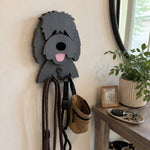 Wooden goldendoodle dog wall hook key and leash holder for home entryway organizer