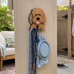Wooden goldendoodle dog wall hook key and leash holder for home entryway organizer