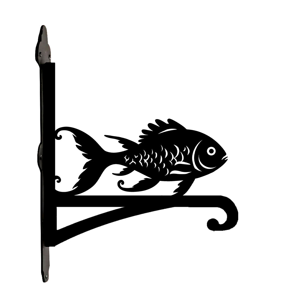 Goldfish metal hanging basket bracket mounted on outdoor wall for plant decoration