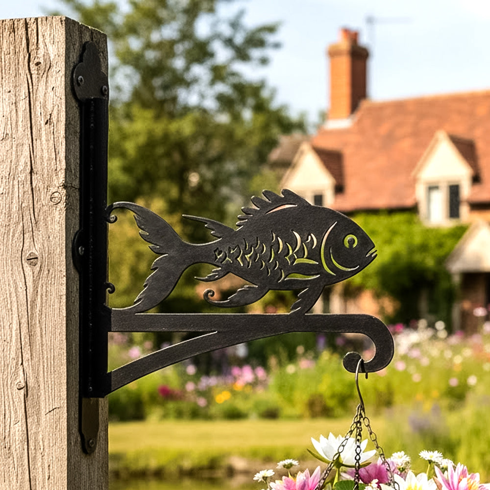 Goldfish metal hanging basket bracket mounted on outdoor wall for plant decoration