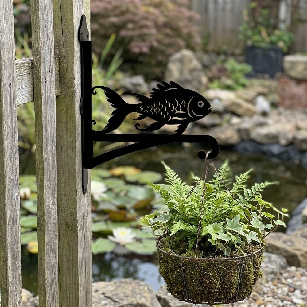 Goldfish metal hanging basket bracket mounted on outdoor wall for plant decoration