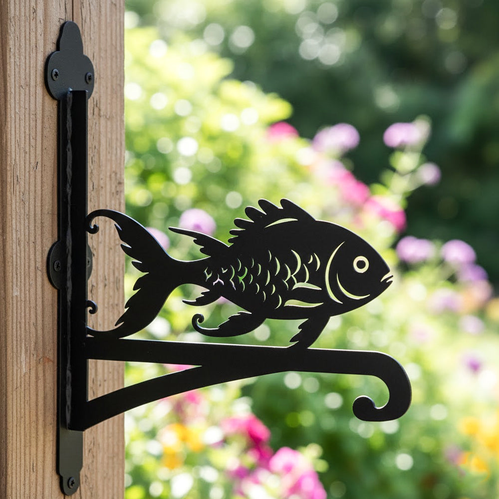 Goldfish metal hanging basket bracket mounted on outdoor wall for plant decoration