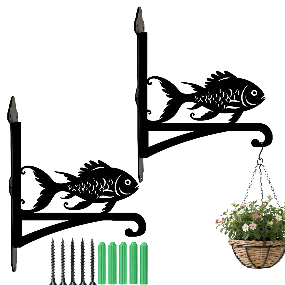 Goldfish metal hanging basket bracket mounted on outdoor wall for plant decoration