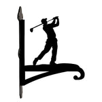 Golf player swinging metal hanging basket bracket mounted on outdoor wall for plant decoration
