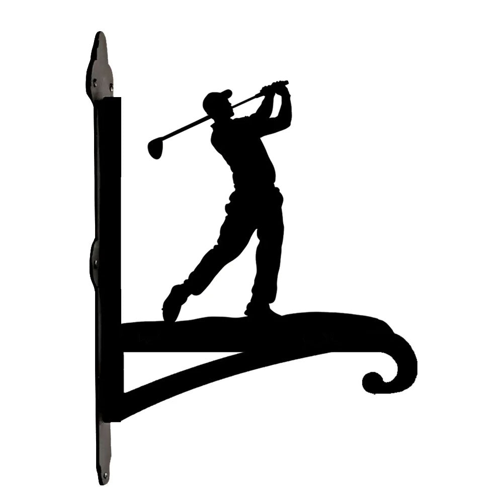Golf player swinging metal hanging basket bracket mounted on outdoor wall for plant decoration