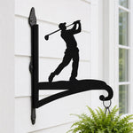 Golf player swinging metal hanging basket bracket mounted on outdoor wall for plant decoration