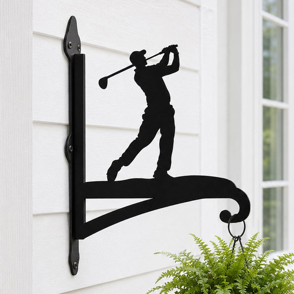 Golf player swinging metal hanging basket bracket mounted on outdoor wall for plant decoration