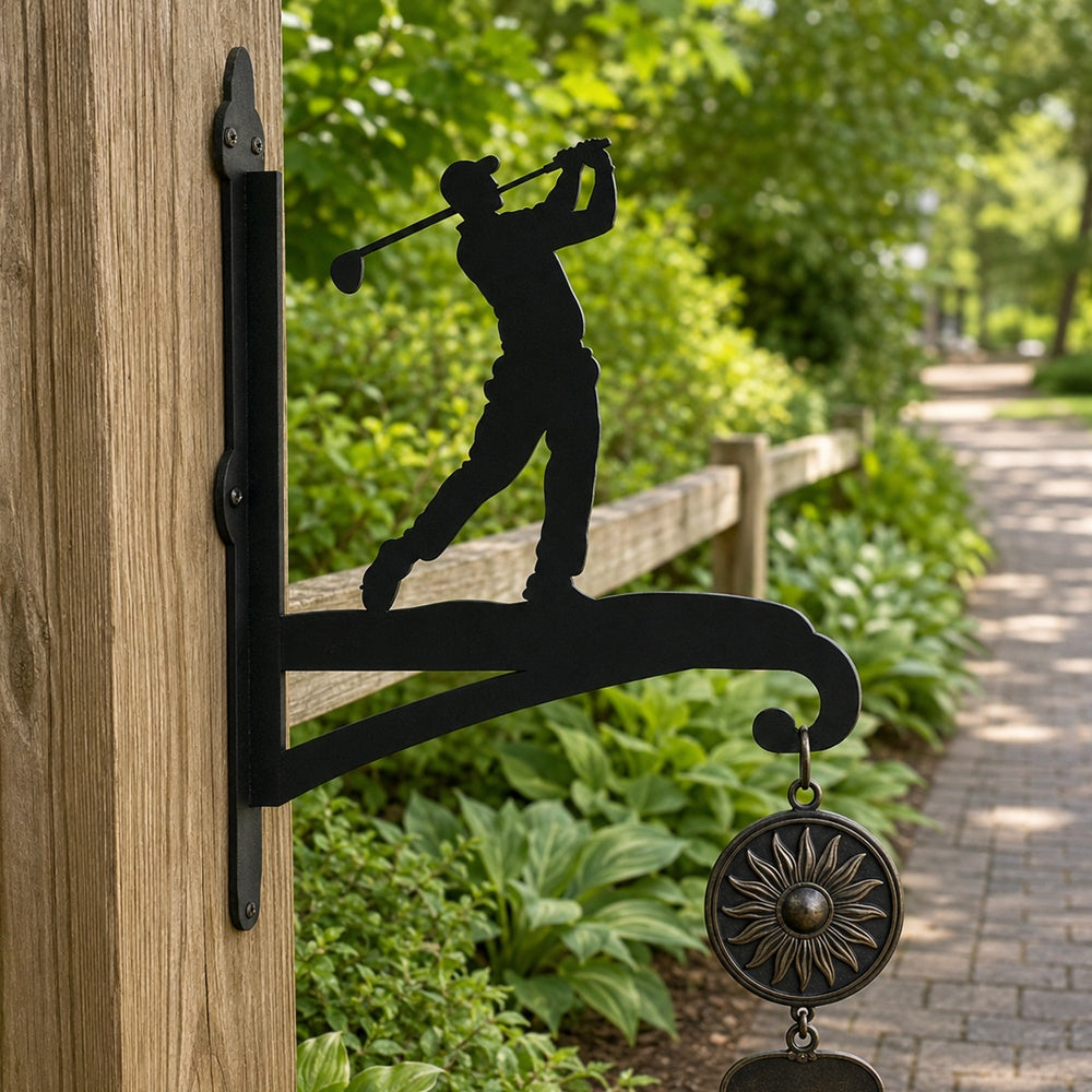 Golf player swinging metal hanging basket bracket mounted on outdoor wall for plant decoration