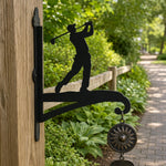 Golf player swinging metal hanging basket bracket mounted on outdoor wall for plant decoration