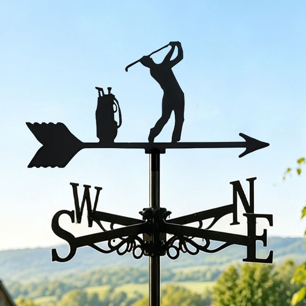 Golfer swing metal weather vane with directional arrows and mounting rod, outdoor roof and garden decoration