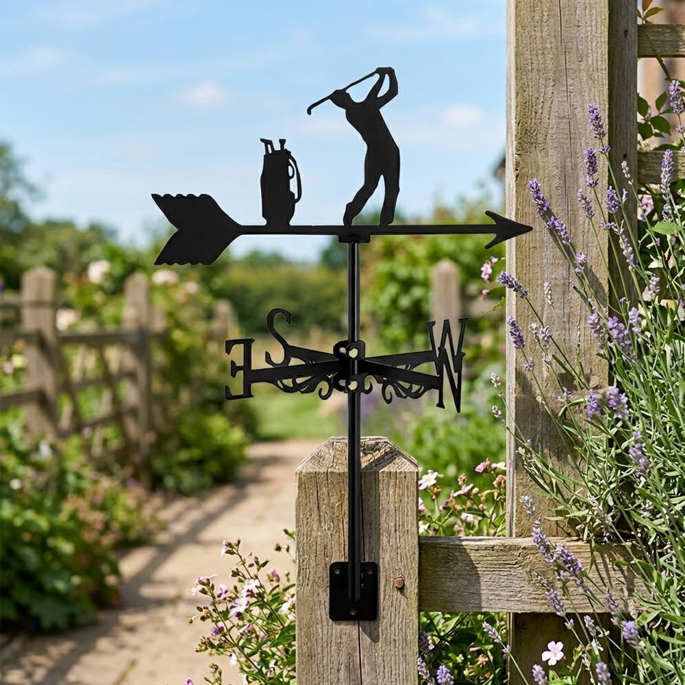 Golfer swing metal weather vane with directional arrows and mounting rod, outdoor roof and garden decoration