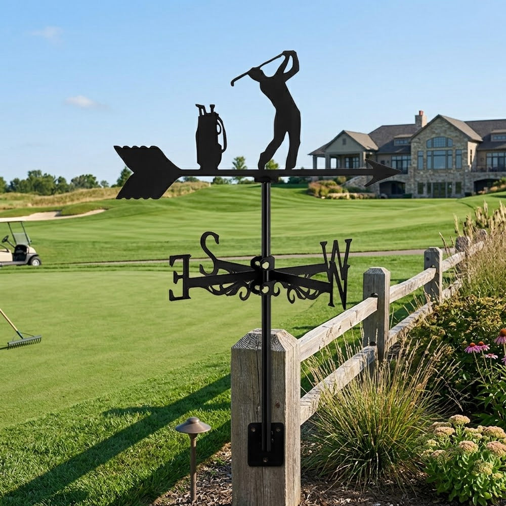 Golfer swing metal weather vane with directional arrows and mounting rod, outdoor roof and garden decoration