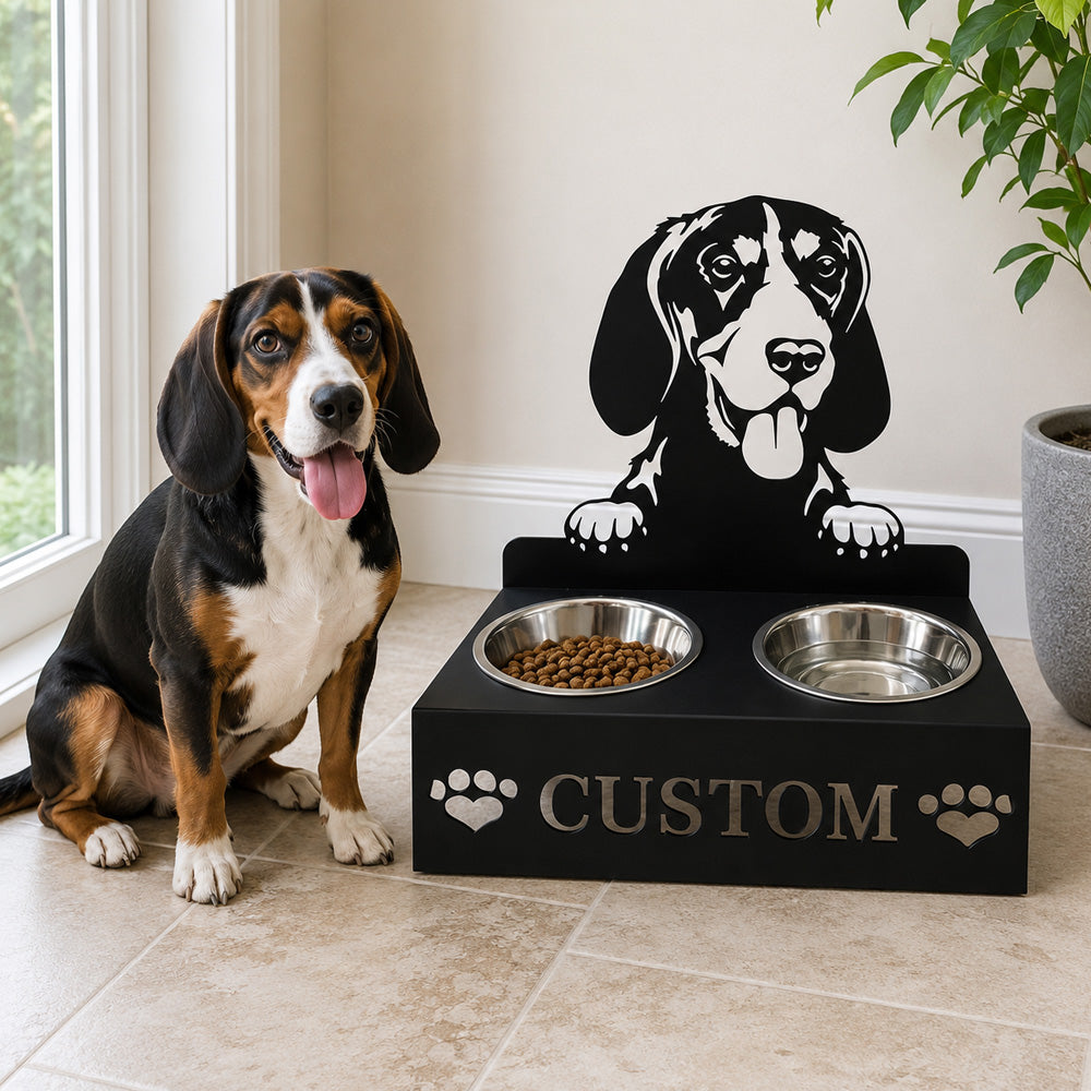 Personalized gordon setter dog metal dog bowl stand with custom name cutout and two removable feeding bowls