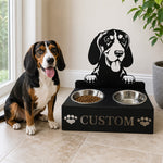Personalized gordon setter dog metal dog bowl stand with custom name cutout and two removable feeding bowls