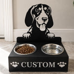 Personalized gordon setter dog metal dog bowl stand with custom name cutout and two removable feeding bowls