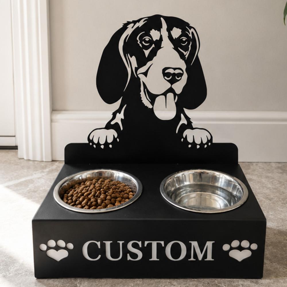 Personalized gordon setter dog metal dog bowl stand with custom name cutout and two removable feeding bowls