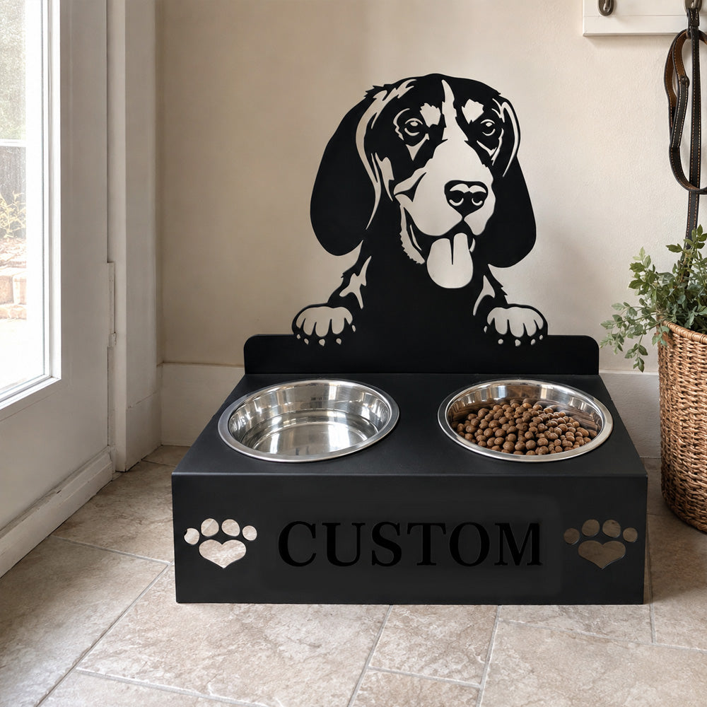 Personalized gordon setter dog metal dog bowl stand with custom name cutout and two removable feeding bowls