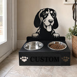 Personalized gordon setter dog metal dog bowl stand with custom name cutout and two removable feeding bowls