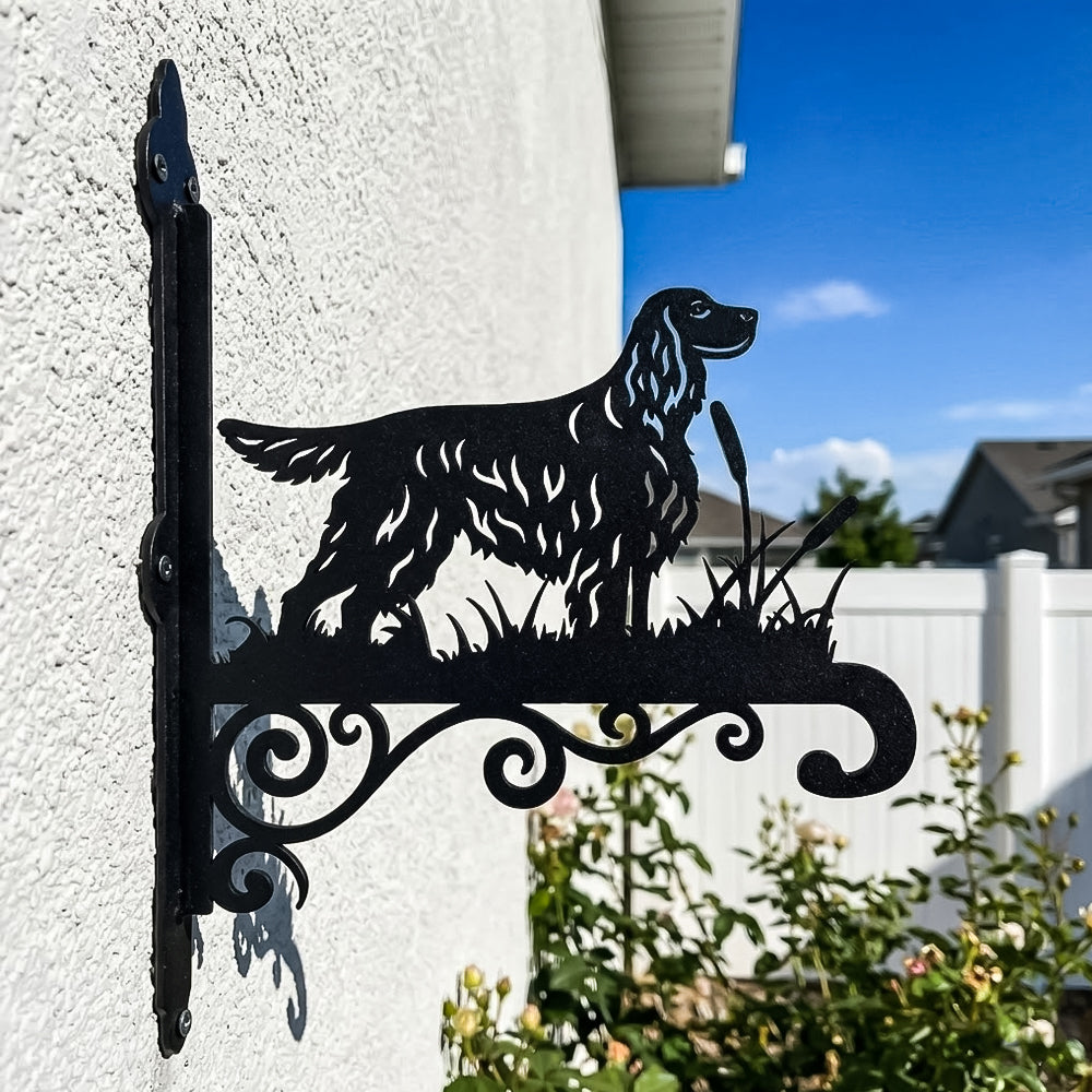 Gordon setter metal hanging basket bracket mounted on outdoor wall for plant decoration
