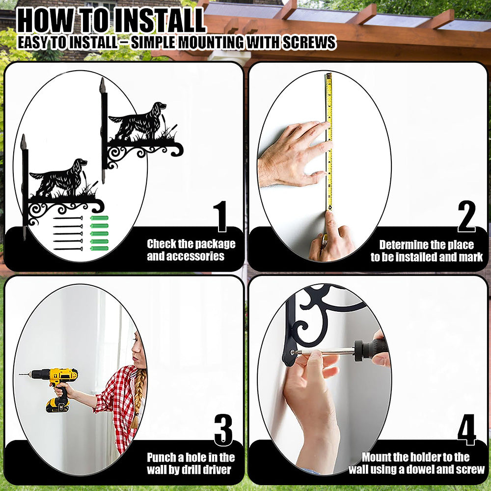 Gordon setter metal hanging basket bracket mounted on outdoor wall for plant decoration