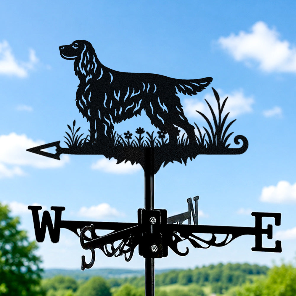 Gordon Setter metal weather vane with directional arrows and mounting rod, outdoor roof and garden decoration