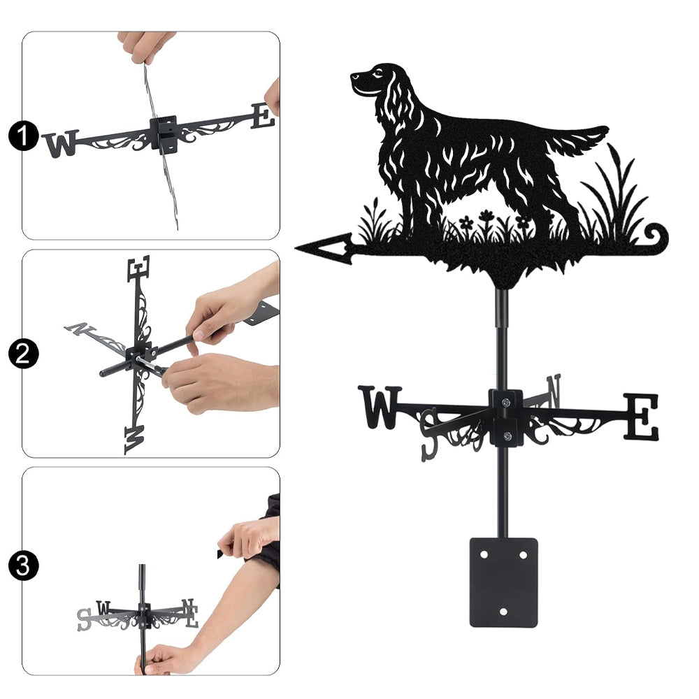 Gordon Setter metal weather vane with directional arrows and mounting rod, outdoor roof and garden decoration