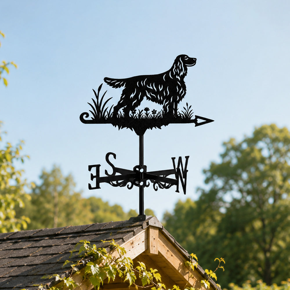 Gordon Setter metal weather vane with directional arrows and mounting rod, outdoor roof and garden decoration