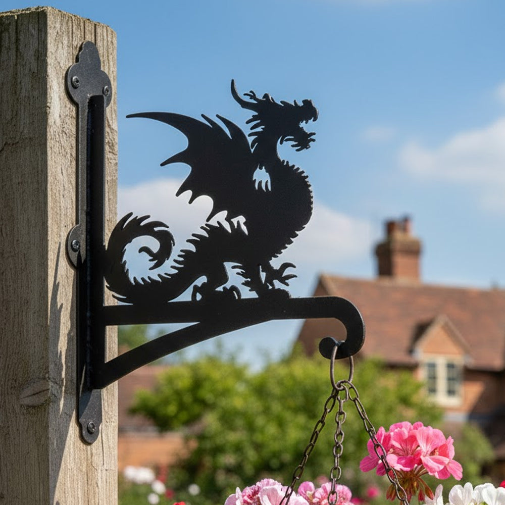 Gothic dragon metal hanging basket bracket mounted on outdoor wall for plant decoration