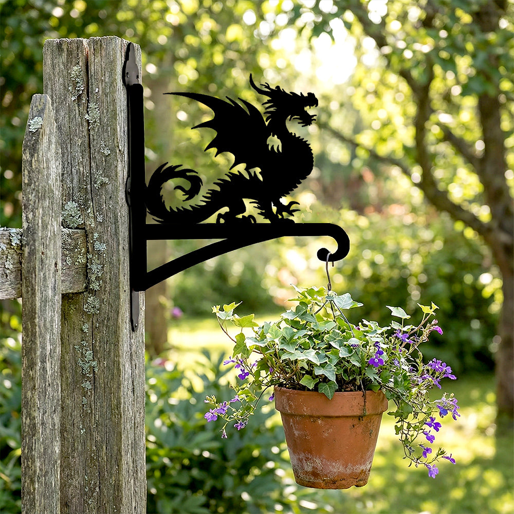 Gothic dragon metal hanging basket bracket mounted on outdoor wall for plant decoration