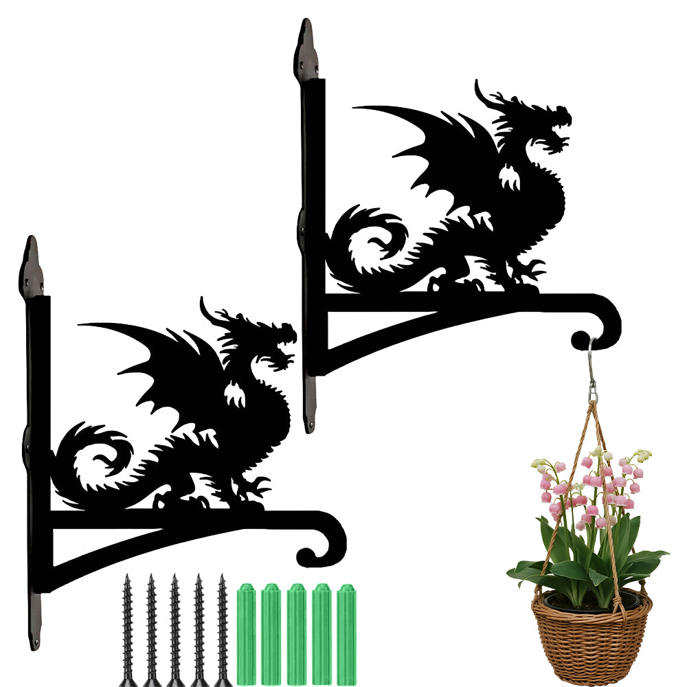 Gothic dragon metal hanging basket bracket mounted on outdoor wall for plant decoration