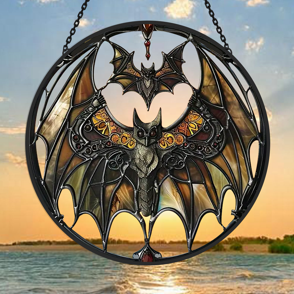 Gothic mystical amber bats stained glass suncatcher window hanging, suitable for home and garden decoration