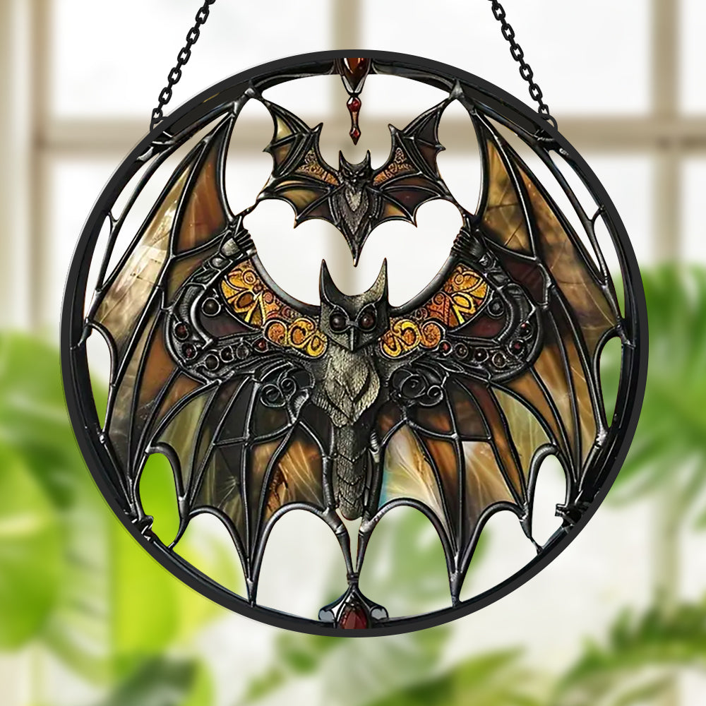 Gothic mystical amber bats stained glass suncatcher window hanging, suitable for home and garden decoration