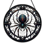 gothic spider with skulls stained glass suncatcher window hanging, suitable for home and garden decoration.