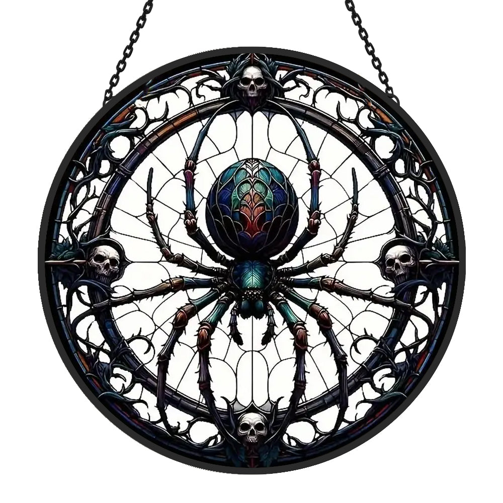 gothic spider with skulls stained glass suncatcher window hanging, suitable for home and garden decoration.