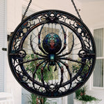 gothic spider with skulls stained glass suncatcher window hanging, suitable for home and garden decoration.