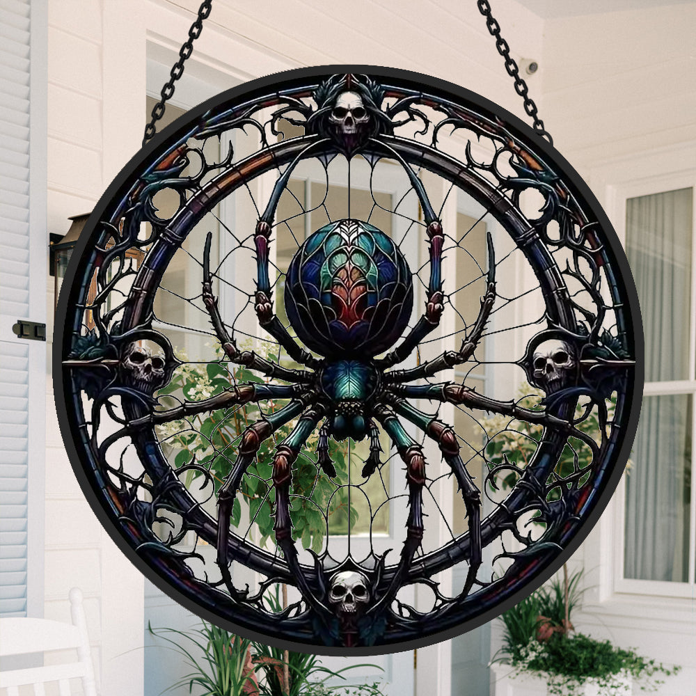 gothic spider with skulls stained glass suncatcher window hanging, suitable for home and garden decoration.
